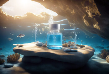 'mockup Water rendering Underwater Clipping included platform product each element 3d stone caustic concept path presentation poduim cosmetic dais essential oil abstract' - obrazy, fototapety, plakaty