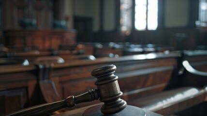 Wooden gavel foreground, blurred courtroom backdrop - obrazy, fototapety, plakaty