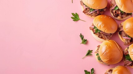 Pulled pork sandwiches garnished with herbs on pink background - obrazy, fototapety, plakaty