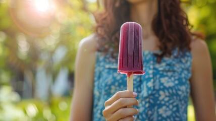 Person holding berry popsicle in sunlight with blurred background
