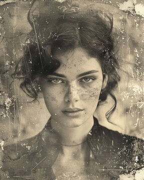 Monochrome vintage aged portrait of a woman. A beautiful young woman.