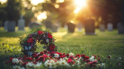 Wreath and flowers on grave at cemetery during sunset - Powered by Adobe