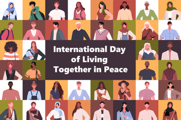 International Day of Living Together in Peace. Set of portraits modern men and women in casual clothes in collage mosaic collection. Collage of large group of people. Flat vector illustration 