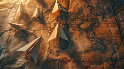 Paper boats on vintage world map illuminated by warm light