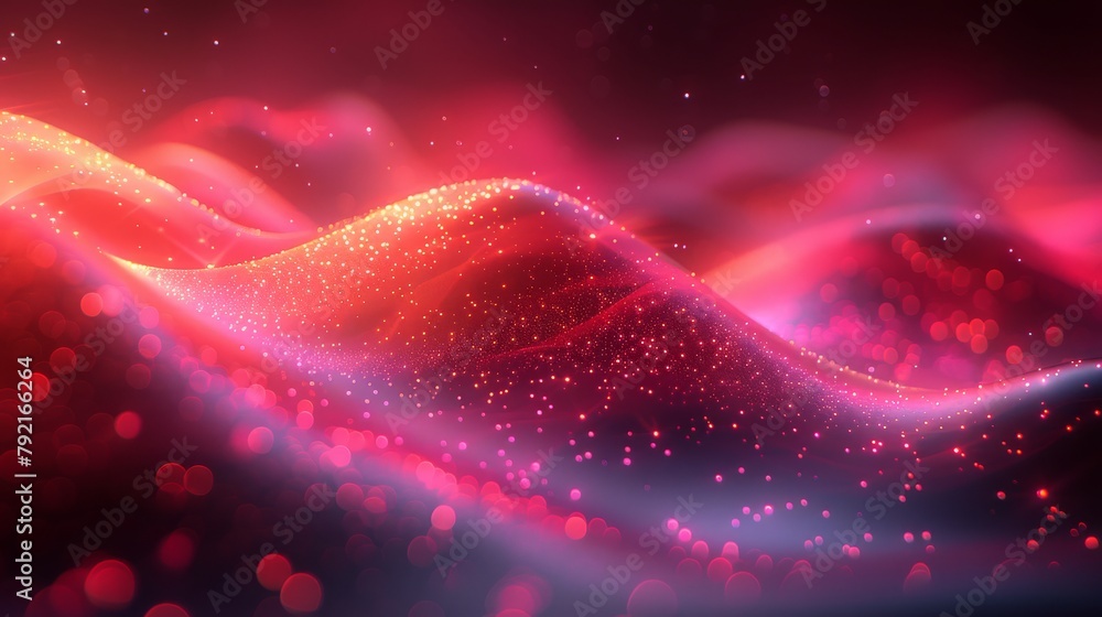 Poster abstract waves with glowing particles and lines of red futuristic background, concept of red digital