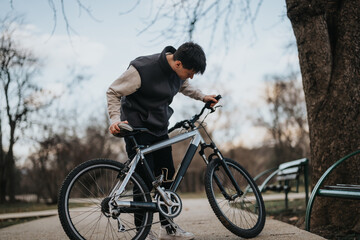 A young male teenager with a bicycle pauses to admire the peaceful park surrounding him.
