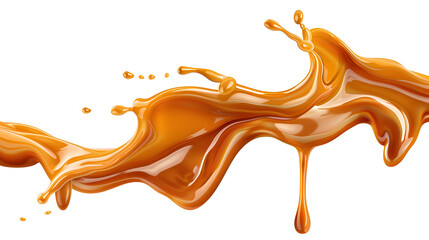 Delicious melted caramel texture. Flow, wave and drops splash caramels sauce. Sweet food isolated on white background.