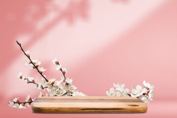 Geometric empty wooden podium and fresh flowers