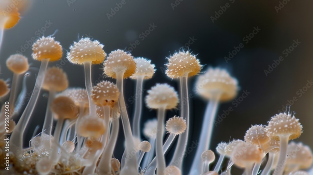 Poster a group of spores some spherical and others elongated all covered in a fuzzy layer of fine filaments