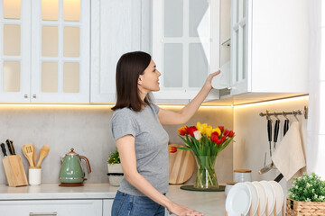 Beautiful young woman taking plate from kitchen cabinet at home