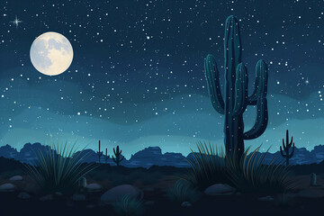 Starry illustration night over desert with cactus and moon - obrazy, fototapety, plakaty