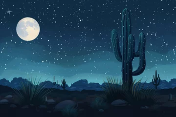 Fototapeten Starry illustration night over desert with cactus and moon © PrettyStock