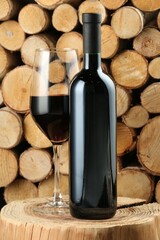Stylish presentation of red wine in bottle and wineglass near wooden logs