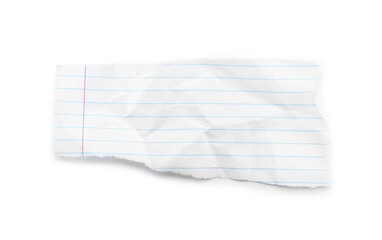 Piece of crumpled lined notebook sheet isolated on white, top view