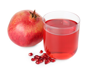 Refreshing pomegranate juice in glass, seeds and fruit isolated on white