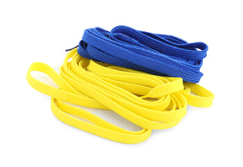 Stylish blue and yellow shoe laces isolated on white