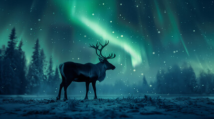 Solitary Reindeer Illuminated by the Mesmerizing Aurora in the Arctic Forest