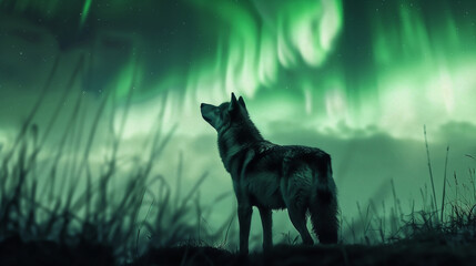 Wolf Contemplating the Enigmatic Northern Lights