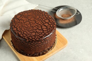 Delicious chocolate truffle cake and cocoa powder on light grey table