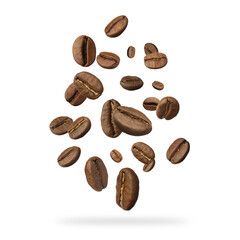 Roasted coffee beans falling on white background