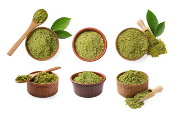 Natural henna powder isolated on white, set
