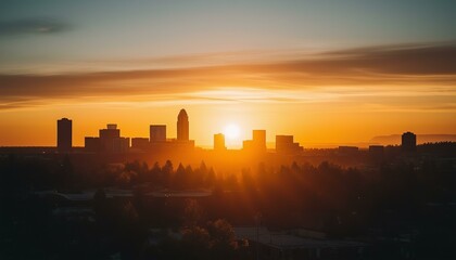 Denver's cityscape gleams in golden hues at sunset. Towering silhouettes punctuate the sky, while trees mirror their glow on buildings.