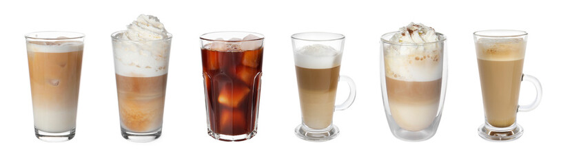 Set of different coffee drinks drinks in cups and glasses on white background
