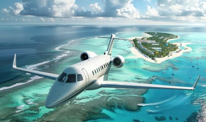 Naklejka premium A glossy white VIP private jet flying over an island