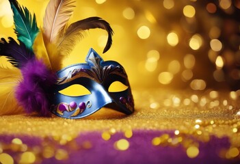 'Mardi isolated space confetti background feathers copy Venetian women mask yellow template Gras...