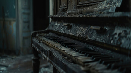Fototapeta na wymiar The faint sound of a piano playing a mournful tune can be heard echoing through the halls though the instrument has not been touched in years. .
