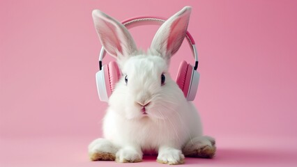 Fototapeta premium white rabbit on pink background wearing headphone. an adorable white bunny wearing a pair of headphones. 