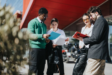 A diverse group of professionals engaged in a business meeting outside on a bright sunny day in a city environment.