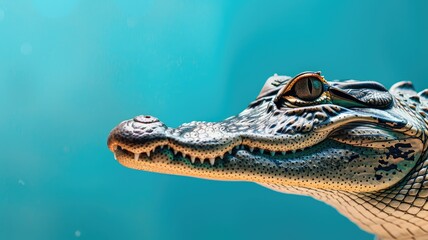 Close-up of alligator emerging from water with detail on its scales and eyes - obrazy, fototapety, plakaty