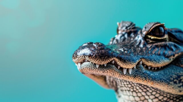 Close-up of juvenile crocodile against blue background