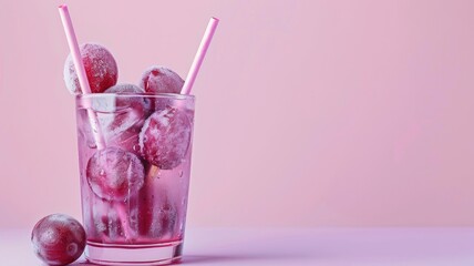 Pink drink with ice in glass on pink background - obrazy, fototapety, plakaty