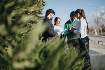 Diverse business professionals engage in a discussion outdoors, focusing on strategies for marketing, sales, and profit growth.