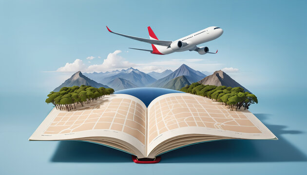 A commercial passenger jet flies over an open book revealing a scenic landscape with mountains, lake, and forests - symbolizing travel, adventure, and the wonders found through reading.