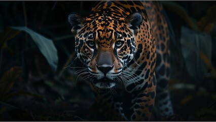close up portrait of a jaguar facing forward, with a strong and direct gaze