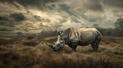 Grazing Rhino, Dramatic Sky - Powered by Adobe