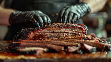 Person slicing barbecued brisket on cutting board - obrazy, fototapety, plakaty