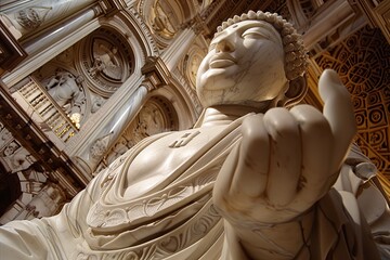 Neoclassical rendition of Buddha: a marble sculpture, photographed with a fisheye lens.