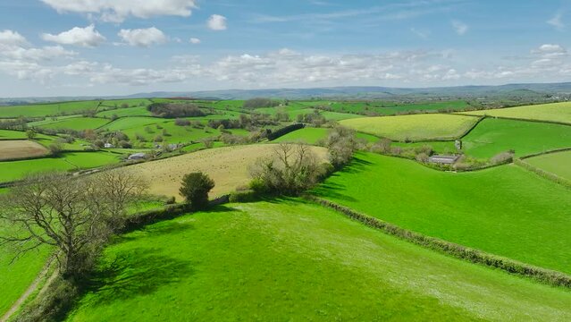 Fields and Farmlands at spring from a drone, Devon, England, Europe