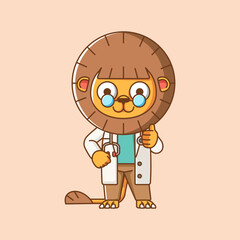 Cute lion doctor medical personnel chibi character mascot icon flat line art style illustration concept cartoon