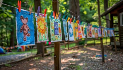 Fototapeta na wymiar Outdoor Art Gallery, Hang children s artwork on a clothesline outdoors Let them proudly showcase their creativity
