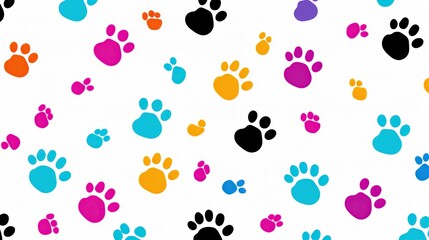 Colorful cats footprints seamless pattern on white background. Puppy paw in colorful pattern.