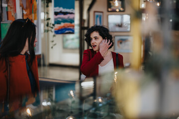 Two professionals engage in a business meeting at an outdoor art gallery, discussing over art...