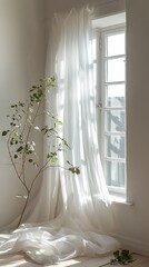 A minimal white window in a room with white curtains, vertical orientation. 