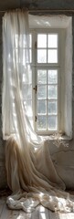 A minimal white window in a room with white curtains, vertical orientation. 