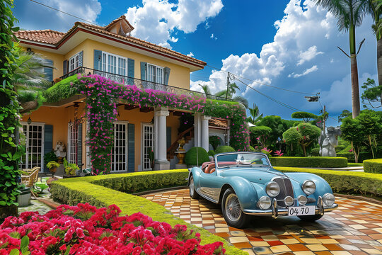 Fototapeta Side View Classic luxury colorful house with flowers garden and blue vintage car, cloudy sky