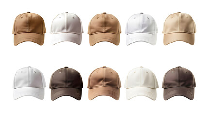 men and boys baseball caps in different brown and white colors and casual style, isolated on white...
